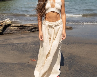 Sol Destino, Hand Woven Raw Cotton Pants – Boho Wide Leg Palazzo Pants, Eco Yoga Pants, Loose Hippie Pants, Resort wear, Vacation Pants