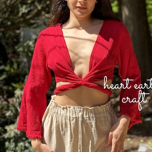 Top corto a maniche lunghe in cotone - Top corto a maniche lunghe in cotone - Top festival rave - Top rosso pixie - Top rosso da spiaggia - Top corto a maniche lunghe con lacci