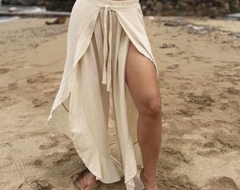 Beige Boho Elastic Waist Slit Skirt Pants -Wide Leg Side Slit, Yoga, Festival, Harem, Pants, Summer Soft Cotton Loose-Fitting Goddess Pants