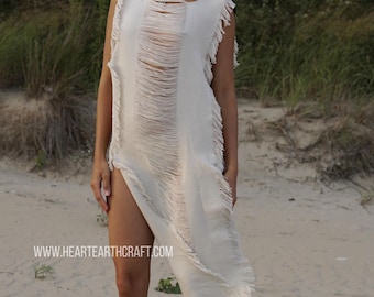 Tulum Frayed Beach Wear, Boho Tunic Kimono Beach Wear, Cotton Slit Dress, Burningman Festival Dress - Festival Cover Up - Tulum Beach Dress