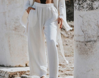 Hand Woven White Palazzo Cotton Pants - Lightweight Comfy Pants, White Beach Pants - Eco Pants - Loose Cotton Pants - Wide Leg Women's Pants