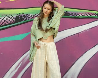 Beige Hand Woven Organic Cotton Pants - Lightweight Boho Pants, Palazzo Pants -Eco Yoga Pants - Hippie Pants - Loose Wide Legs Women's Pants