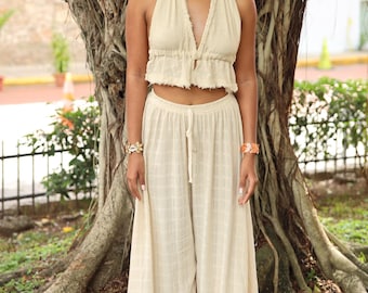Two piece beach set, Boho Elastic Waist Slit Skirt Pants and Long Sleeve Top- Wide Leg Side Slit, Cotton Goddess Beach Pants and Top Set