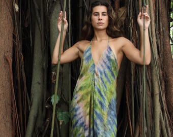Selvatica Cotton Maxi Dress Green Blue Tie Dye Halter Dress Backless Deep V Neck One Size Boho Beach Dress