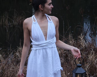 Cotton Asymmetrical Braided White Summer Dress, Wedding Guest Dress, Bohemian White Dress, Boho Summer Dress, Beach Dress - Tie Waist Dress