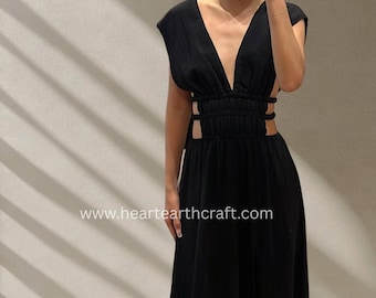 Cotton Summer Dress ,Backless Slit Dress, Goddess Summer Dress, Linen Maxi Dress -Beach Resort Dress, Unique Goddess Dress