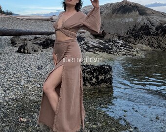 Raw Cotton Goddess Maxi Skirt and top set -Breathable Long Cotton Skirt, Asymmetrical Skirt - Bohemian Summer Beach Skirt and top set