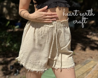 Short d'été bohème en coton - Festival Booty Shorts - Short Booty beige, vêtements Rave, Mini short, short hippie - Short de plage d'été