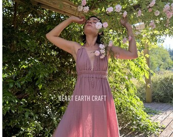 Pink Maxi Cotton Boho Summer Dress - Side Slit Dress - Flowy Summer Dress, Wedding Guest Dress, Graduation Dress - Backless Dance Dress