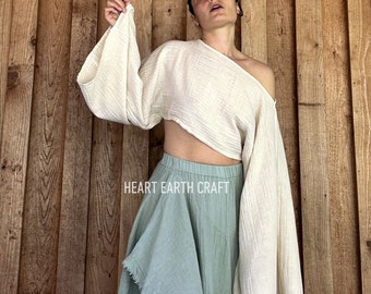 Organic Sustainable Cotton Long Sleeve Crop Top - Cotton Boho Crop Top -Cotton Beach Top - Tulum Beach Top -Flowy Top - Loose Beach Cover Up