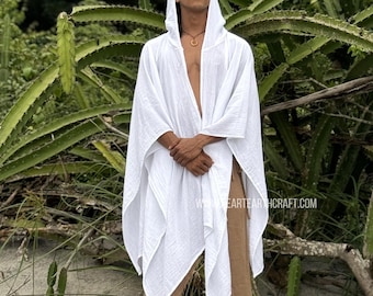 A unique unisex raw cotton cape with a soft, natural feel. Perfect as a men’s kimono cloak, boho poncho, festival wrap, or meditation kaftan