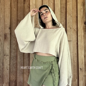 Hooded Cotton Long Sleeve Crop Top - Loose Boho Crop Hoodie - Cotton Festival top - Hoodie Cape - Festival Cardigan, Earthy Clothes