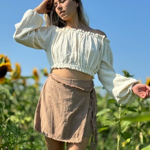 Sustainable Cotton Long Sleeve Boho Crop Top - Beach Top - Loungewear Top for Women, Muslin Ruffle Cotton Crop Top with Elastic Off Shoulder