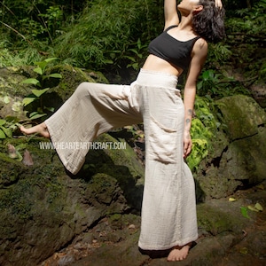 Beige Hand Woven Organic Cotton Pants - Lightweight Boho Pants, Palazzo Pants -Eco Yoga Pants - Hippie Pants - Loose Wide Legs Women&#39;s Pants