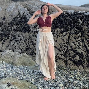 Beige Boho Elastic Waist Slit Skirt Pants -Wide Leg Side Slit, Yoga, Festival, Harem, Pants, Summer Soft Cotton Loose-Fitting Goddess Pants