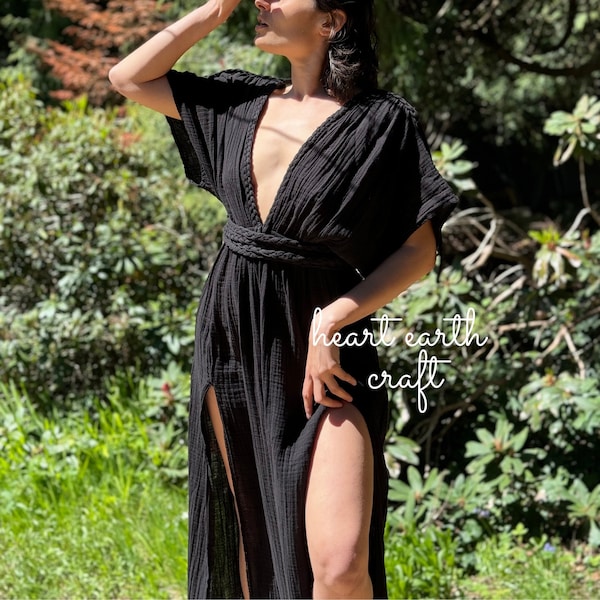 Black Double Slit V Neck Long Cotton Greek Goddess Dress - Tie Waist Maxi Dress - Boho Braided Wedding Guest Dress - Summer Flowy Dress