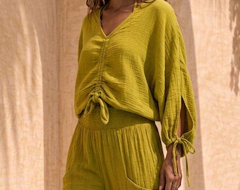 Beige Cotton Boho Top, Oversized Relaxed Blouse, Wide Sleeve Tie Top, Effortless Everyday Top, Cotton Sweater, Minimalist Organic Clothing