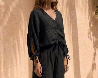 Boho Cotton Blouse, Wide Sleeve Tie Top, Relaxed Fit, Crinkle Texture