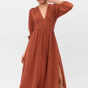 Terracotta Cotton Maxi Dress, Goddess Long Dress, Wedding Guest Dress - Long Sleeve Cotton Dress, Moms Gift - Christmas Dress
