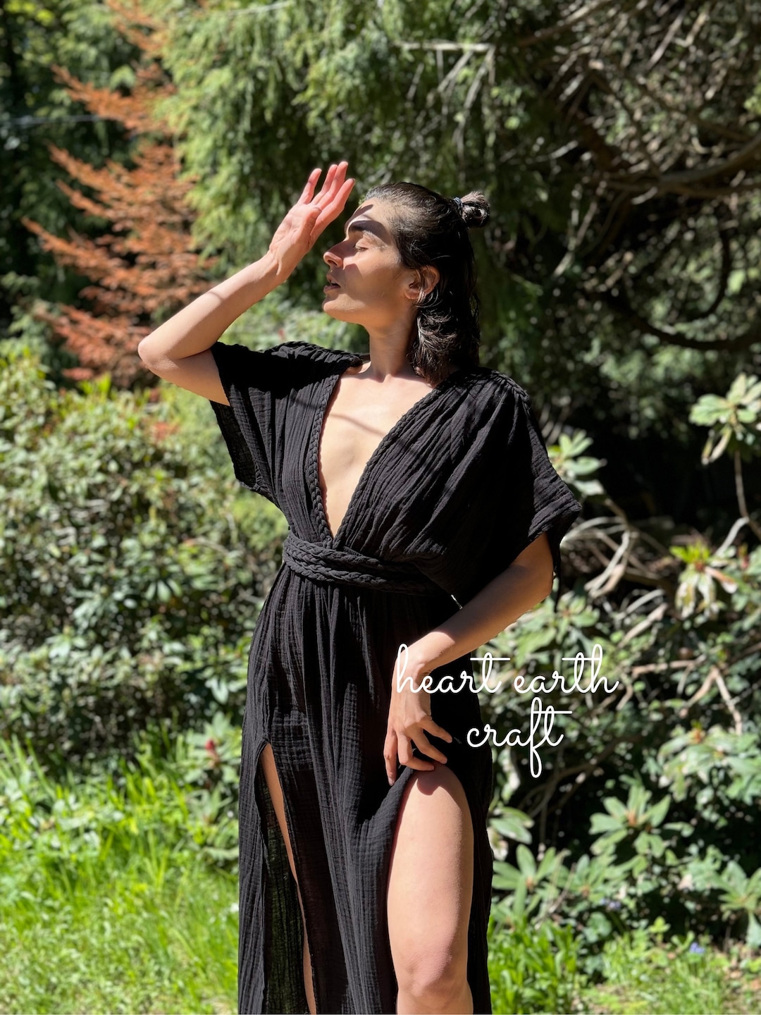Black Double Slit V Neck Long Cotton Greek Goddess Dress - Tie Waist Maxi Dress - Boho Braided Wedding Guest Dress - Summer Flowy Dress Black Double Slit V Neck Long Cotton Greek Goddess Dress - Tie Waist Maxi Dress - Boho Braided Wedding Guest Dress - Summer Flowy Dress