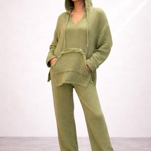 Komplet wypoczynkowy z muślinu bawełnianego dla kobiet, bluza z kapturem z podwójnej gazy i spodnie dresowe, pasujące ubranie w stylu boho, miękki, naturalny komplet wypoczynkowy z bawełny
