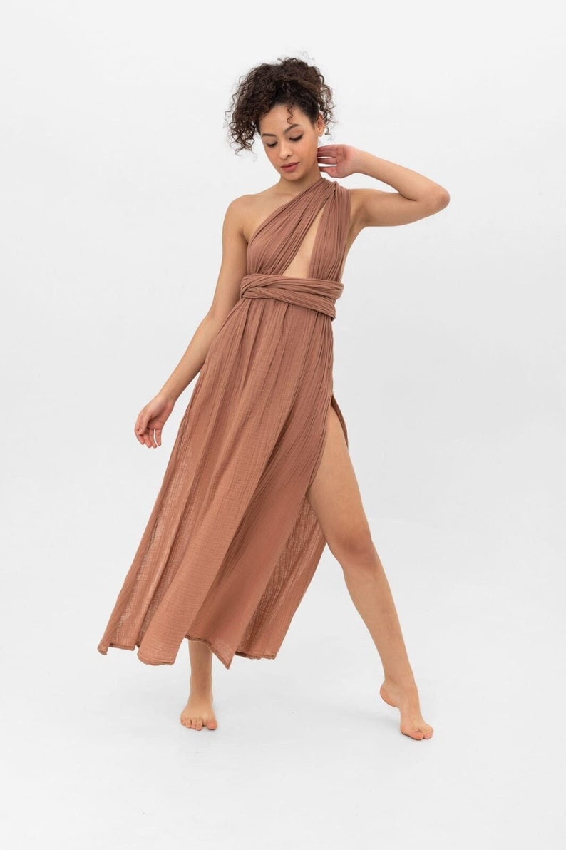 Long Boho Summer Dress Cotton Wrap Dress Flowy Summer Dress, Tie Waist Maxi Dress Boho Wedding Guest Dress Slit Backless Dress Mocha