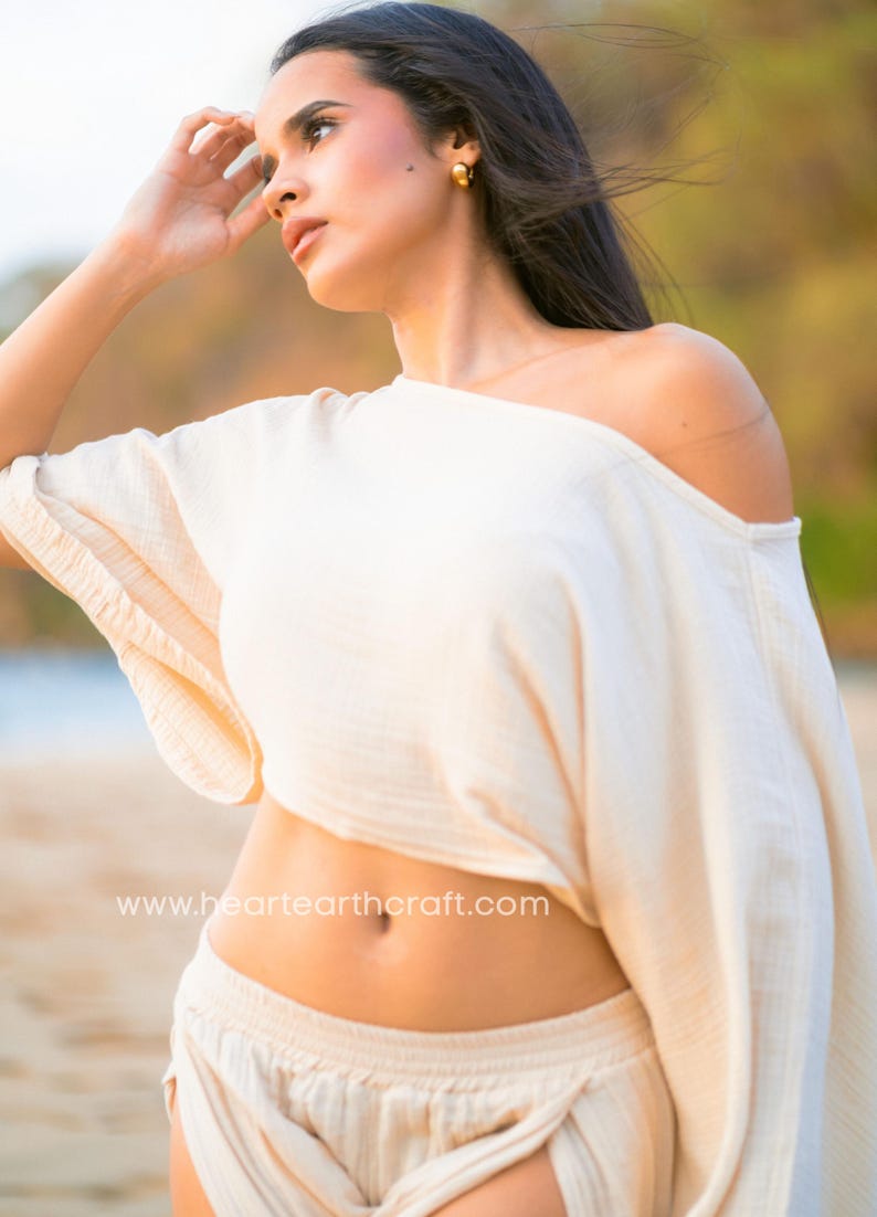 Set of 2 -Cotton Elastic Waist Summer Skirt and Crop Top Set -Summer Tulum Outfit Set -Boho Beach Outfit -Flowy Resort Outfit -Gift for her Beige Color