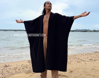 Cotton Kimono Wrap Cardigan – Boho Festival Robe, Cozy Thick Cotton Jacket, Meditation Shaman Robe, Christmas Gift for men