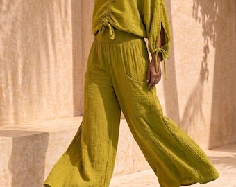 Hand Woven Green Organic Cotton Pants - Lightweight Boho Pants, Palazzo Pants -Eco Yoga Pants - Hippie Pants - Loose Wide Legs Women's Pants