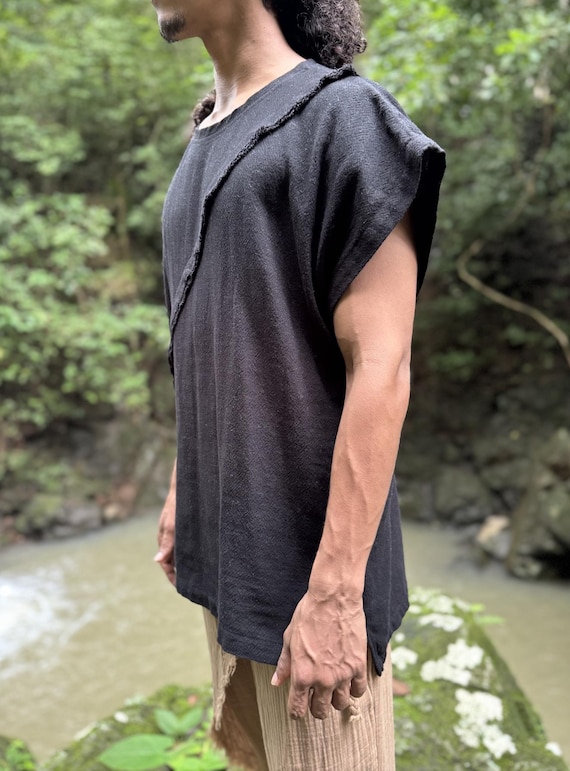 Black Men's Cotton Shirt , Handmade t-shirt, Black t-shirt- Boho Mens Shirt-Festival Clothing- Cotton Fire Shirt- Boho Casual Loose T-Shirt