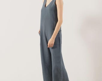 Pure Linen V-Neck Women’s Jumpsuit, Wide Leg Linen Romper with Pockets, Available in Olive Green or Blue