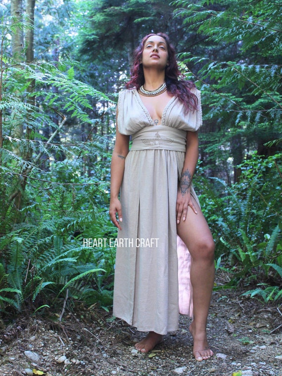 Cotton Isis Goddess Deep Slit Dress - Long Boho Summer Dress, Boho Prom Dress, Priestess Dress, Beach Dress - Beach Robe - Festival Cover Up