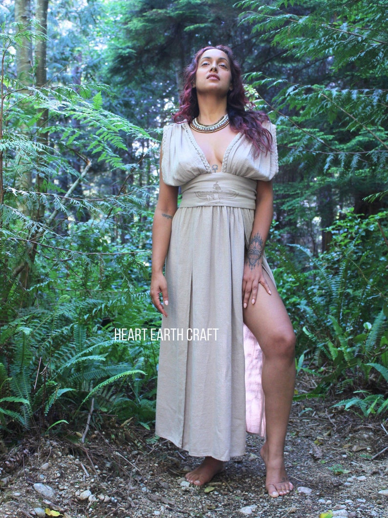 Cotton Isis Goddess Deep Slit Dress - Long Boho Summer Dress, Boho Prom Dress, Priestess Dress, Beach Dress - Beach Robe - Festival Cover Up image 1
