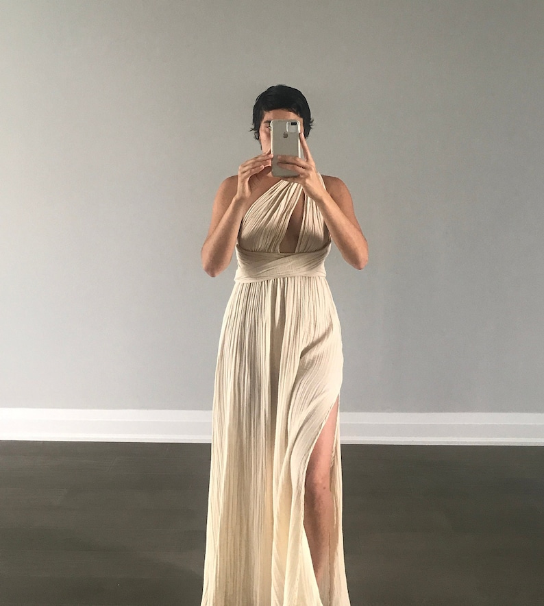 Long Boho Summer Dress Cotton Wrap Dress Flowy Summer Dress, Tie Waist Maxi Dress Boho Wedding Guest Dress Slit Backless Dress Beige