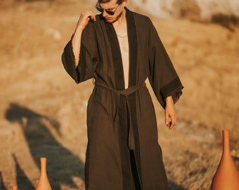 Bohemian Handwoven Kimono For Men, Linen, Cotton Long Sleeve Beach Cover Up, Unisex Clothing, Ethnic Loose Kaftan, Gift for Dad, Fathers Day
