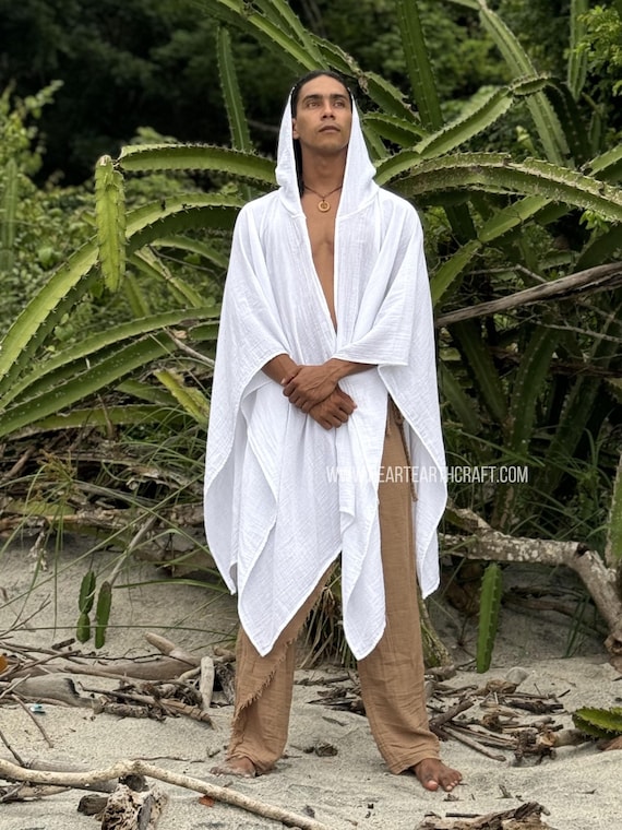 A unique unisex raw cotton cape with a soft, natural feel. Perfect as a men’s kimono cloak, boho poncho, festival wrap, or meditation kaftan