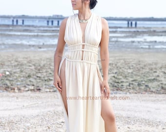 Maxi Cotton Boho Dress – Flowy Summer Vacation Dress, Fringe Raw Cotton Gown, Festival Dance Dress, Organic Bohemian Maxi Dress