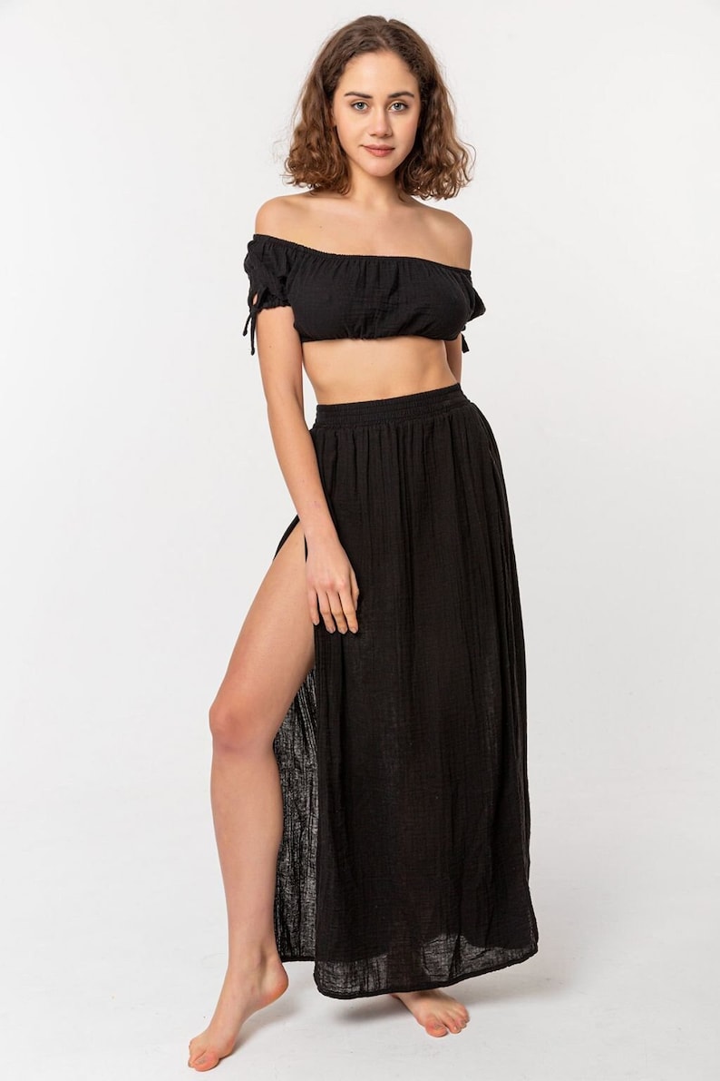 Cotton Soft Summer Skirt Maxi Goddess Skirt Long Summer Skirt Boho Beach Outfit Double Slit Skirt Elastic Waist Skirt Gift for her Black