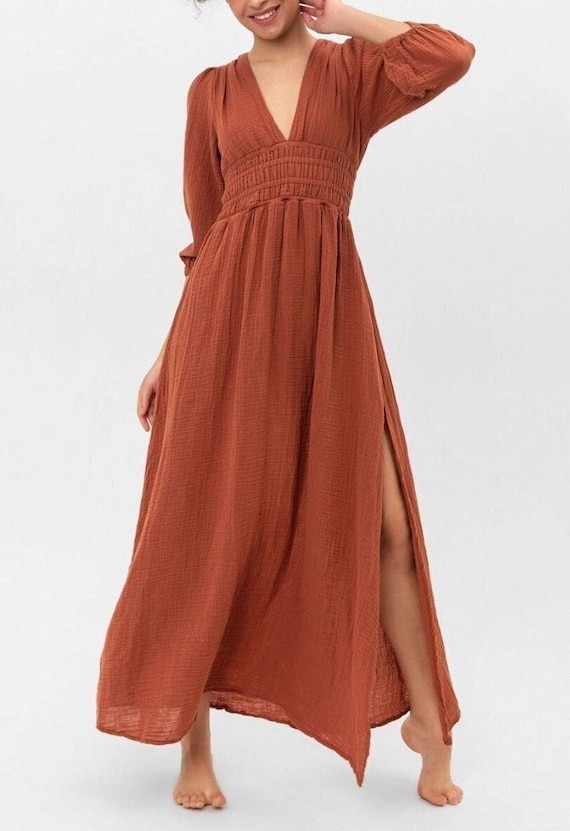 Terracotta long sleeve maxi dress for fall wedding guests