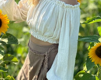White Cotton Long Sleeve Summer Crop Top - Cotton Boho Crop Top - Tulum Resort Top - White Color Beach Off Shoulder Top -  Cotton Beach Top