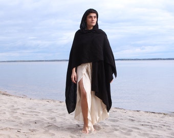 Black Unisex Cotton Cloak Kaftan ∆ Wrap Coat ∆ Cotton Hooded Cloak ∆ Boho Poncho ∆ Beach Robe ∆ Hooded Cardigan ∆ Festival outfit ∆ Pixie