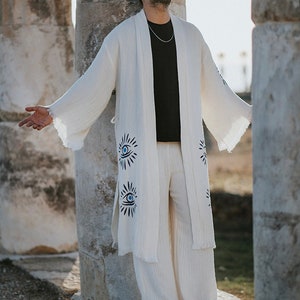 Men&#39;s Organic Cotton Soft Bathrobe Handmade printed, Mens Meditation Robe, 2 layers Muslin Robe- Gift for Dad- Gift for Boyfriend