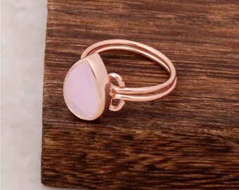925 Sterling Rose Silver Ring with Pink Quartz Stone - Adjustable
