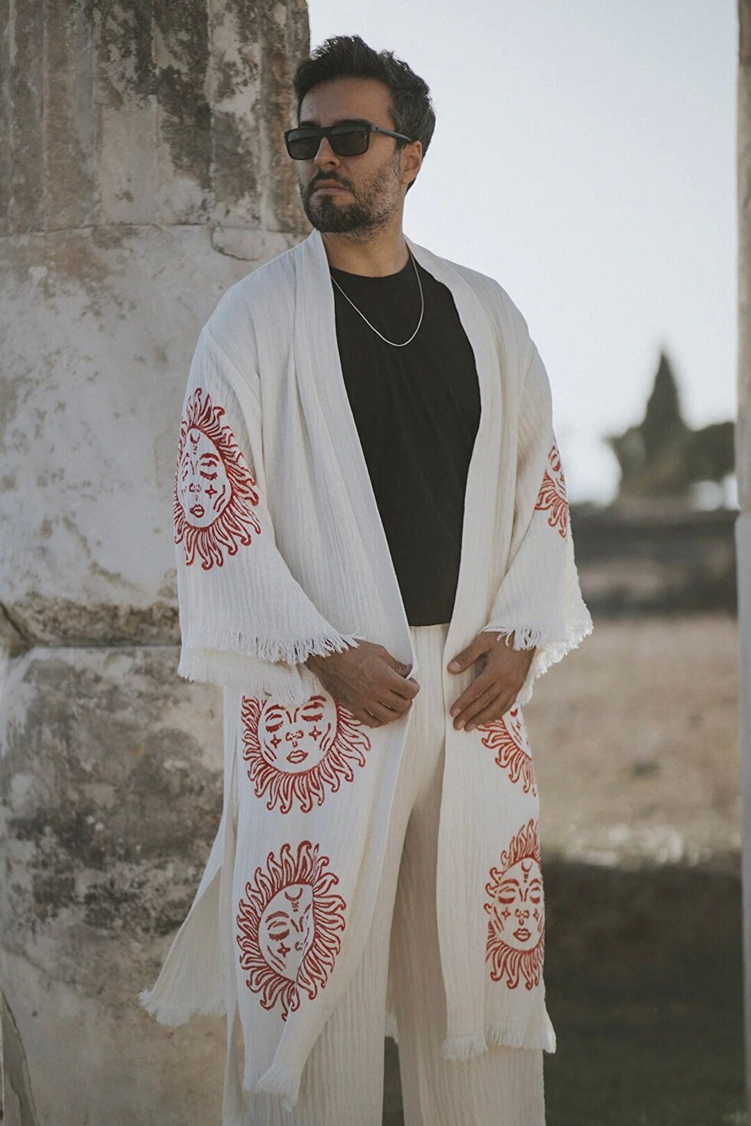 Man Organic Cotton Soft Bathrobe Handmade Printed, Unisex Kimono Cotton