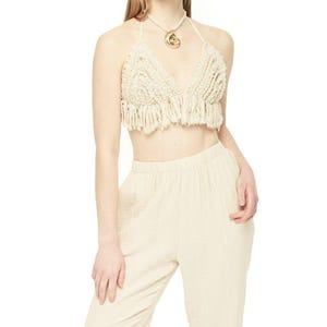 Top bohemio de algodón orgánico - Top corto bohemio - Top de festival de verano, Top bohemio trenzado, Top beige de algodón crudo - Top Burning Man para mujer