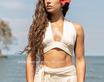 Organic Cotton Soft Beige Summer Crop Top  - Tulum Beach Clothes - Cotton Woman Yoga Top - Boho Summer Top