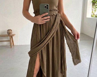 Boho Festival Maxi Dress Brown Cotton Gauze Wrap Convertible Sundress Beach Wedding Guest Vacation