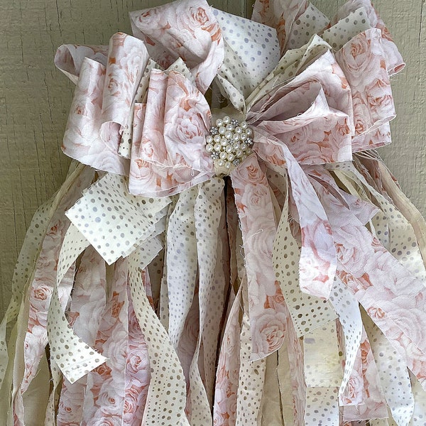 Pink Rag Bow, Pastel Rag Bow, Romantic Rag Bow, Rag Bow, Rag Bow for Wreath, Fabric Bow, Wreath, Wreath Attachment, Décor, Door Hanger
