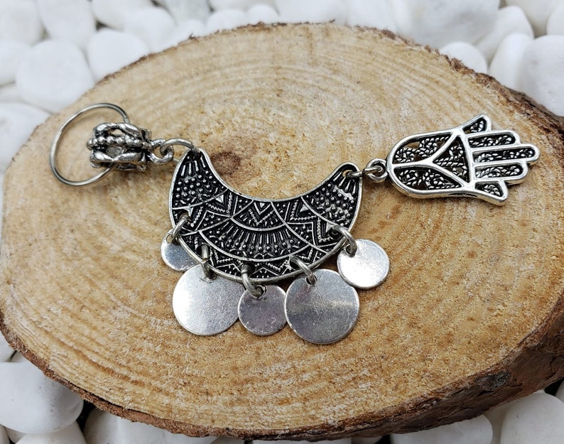 Silver Moon Hamsa Charm|Dreadlock|Fatima Charm|Sisterlock Jewelry|Braid Jewelry|Dread Coils|Hair Bead|Dread Bead|Loc Accessory|Box Braid|Loc
