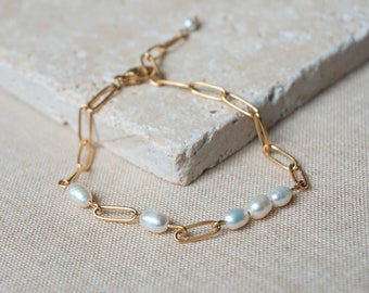 Théodora bracelet - large mesh chain and freshwater pearls